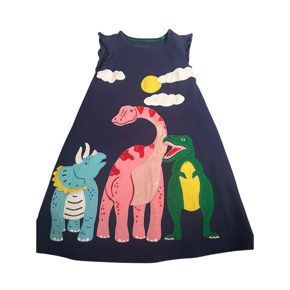 Mini Boden frill sleeve dinosaur applique dress navy blue 6 7 cotton